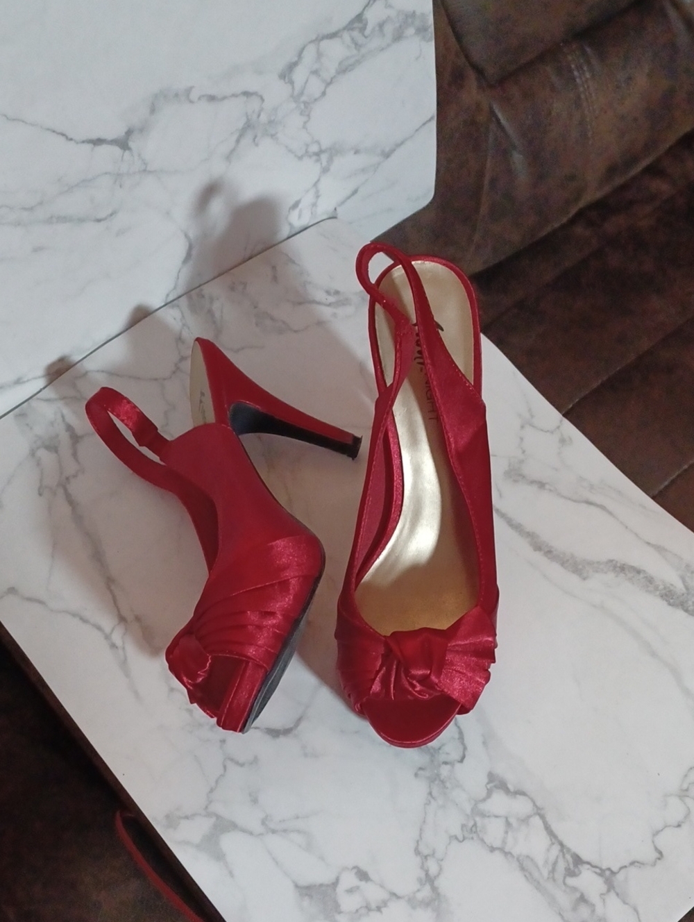 4/$60 FIONI Night Red Satin Peep-Toe Knot Slingback Heels - Size 8.5